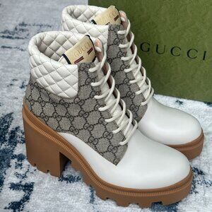 Gucci Apollo GG Supreme Women’s Combat Boots Authentic Size 10.5 US White/Beige